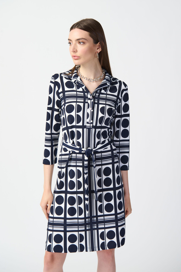 Vestido Azul Marinho e Beje com Estampado Bolinhas
